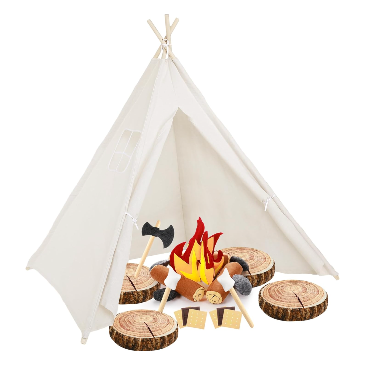 Teepee Tent with Felt Campfire Toys - INDOOR ONLY. (3 Night Minimum) Guaranteed Delivery Between 1–4 PM | Pickup at 10 AM.